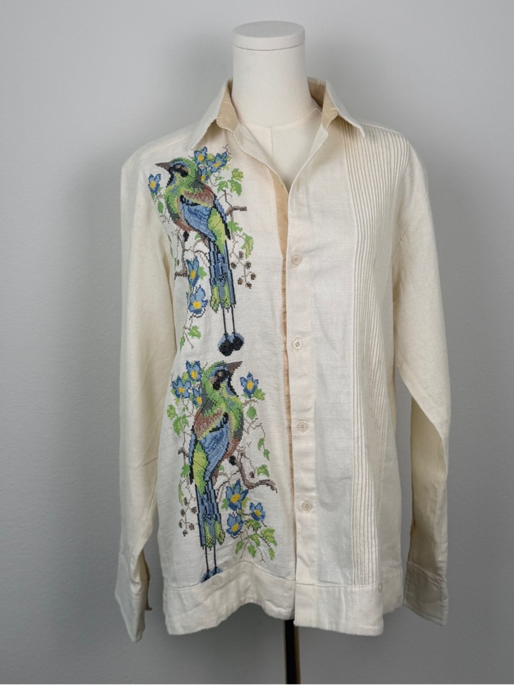 Linen Cream Button-Up Shirt with Embroidered art